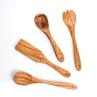 Set de cuillères de cuisine en bois d’olivier, élégant, durable, écoresponsable, parfait cadeau pour amateurs de cuisine, avec design méditerranéen unique.