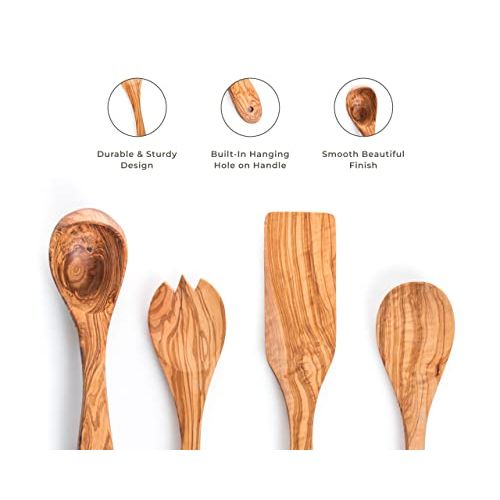 Set de cuillères de cuisine en bois d’olivier, élégant, durable, écoresponsable, parfait cadeau pour amateurs de cuisine, avec design méditerranéen unique.