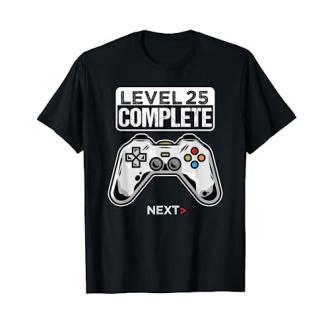 Tee-shirt humoristique noir 'Level 25 Complete' avec manette pour anniversaire 25 ans.