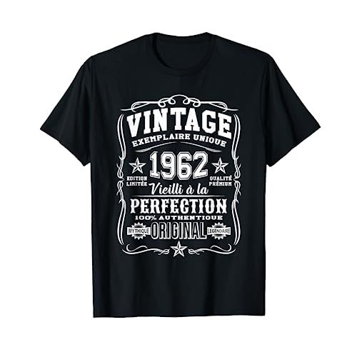 T-shirt Vintage 1962 rétro, cadeau parfait pour amateur de mode vintage, coton doux, année spéciale, élégance intemporelle, confort et style, nostalgie années 60.
