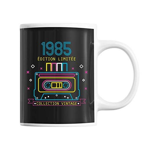 Mug vintage 1985 en céramique avec design de cassette audio, fabriqué en France, durable et micro-ondable