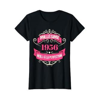 T-shirt femme 1950, inscription 'Millésime 1956 vieilli à la perfection', différentes couleurs