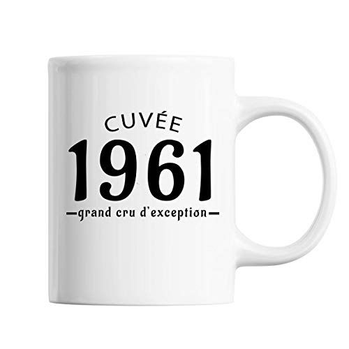 Mug vintage 1961 Cuvée grand cru, céramique robuste, idéal cadeau anniversaire.