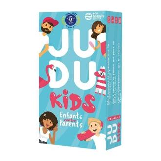 Jeu de société Judukids pour enfants avec cartes écoresponsables favorisant le bonheur et l'apprentissage familial.