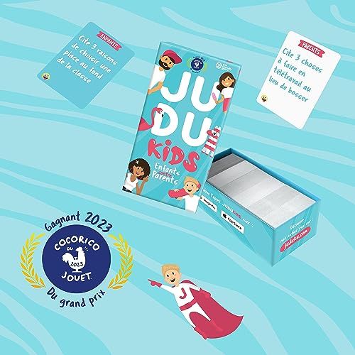 Jeu de société Judukids pour enfants avec cartes écoresponsables favorisant le bonheur et l'apprentissage familial.