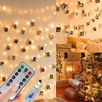 Guirlande Photo Lumineuse avec 100 LED et 50 clips, idéale pour exposer vos souvenirs et créer une ambiance chaleureuse et personnalisée.