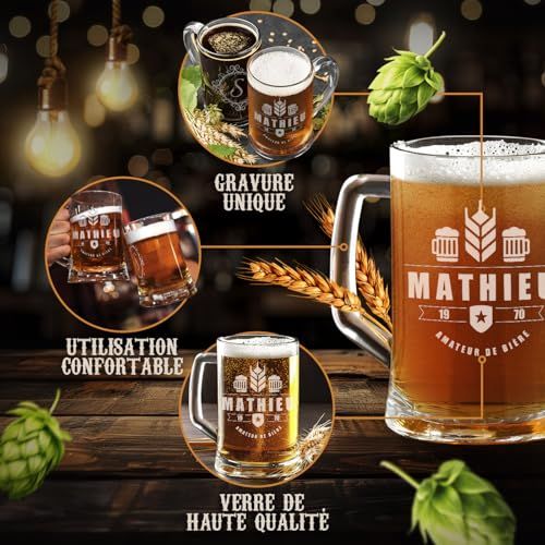 Chope à bière gravée personnalisée 50cl, cadeau unique pour amateur de bière, design élégant, marque Maverton, idéal pour anniversaire, mariage.