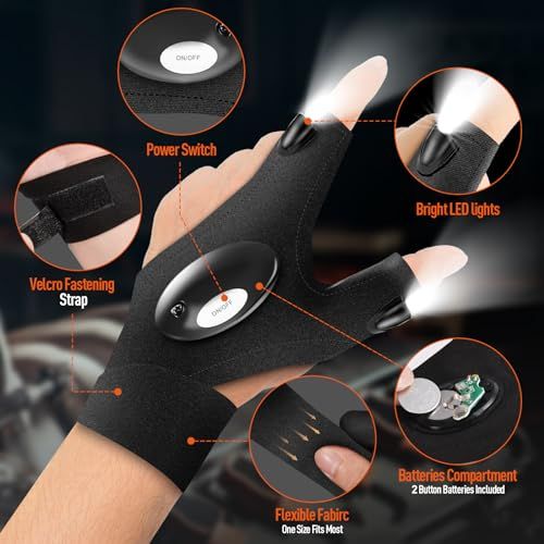 Gants lumineux LED pratiques pour bricolage, camping et réparations, confortables avec design sans doigts, cadeau idéal pour toutes occasions.