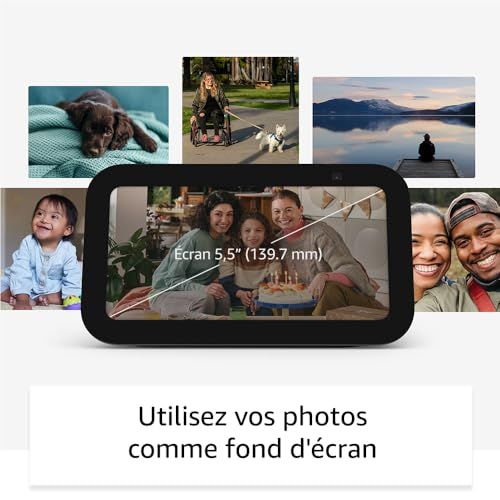 Echo Show 5 avec Alexa sur table, écran tactile pour divertissement et communication.