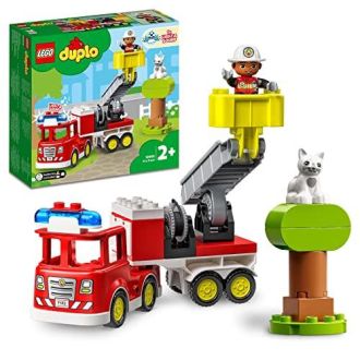 Camion de pompier Duplo pour enfants de 2 à 5 ans, avec échelle, nacelle, gyrophare et sirène.