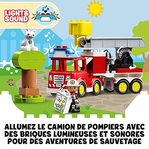 Camion de pompier Duplo pour enfants de 2 à 5 ans, avec échelle, nacelle, gyrophare et sirène.