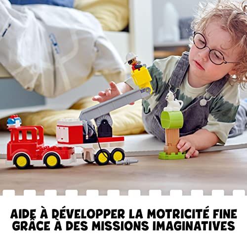 Camion de pompier Duplo pour enfants de 2 à 5 ans, avec échelle, nacelle, gyrophare et sirène.