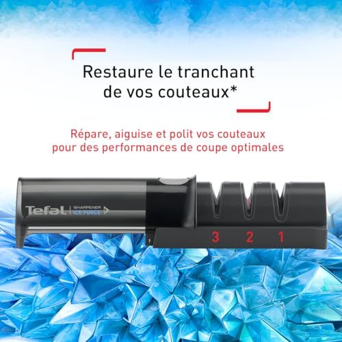 Aiguiseur de couteaux Tefal, pratique et compact, idéal pour les passionnés de cuisine souhaitant des lames toujours affûtées.
