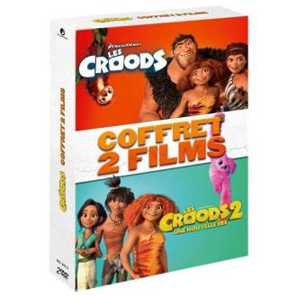Coffret DVD Les Croods et Les Croods 2 pour famille, aventures préhistoriques et valeurs universelles.