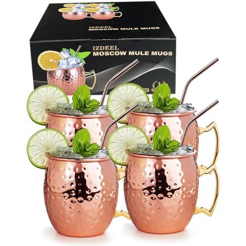 Tasses à cocktail Moscow Mule en cuivre, cadeau idéal pour amateurs de cocktails, design élégant, conserve boissons glacées, pailles écologiques incluses.