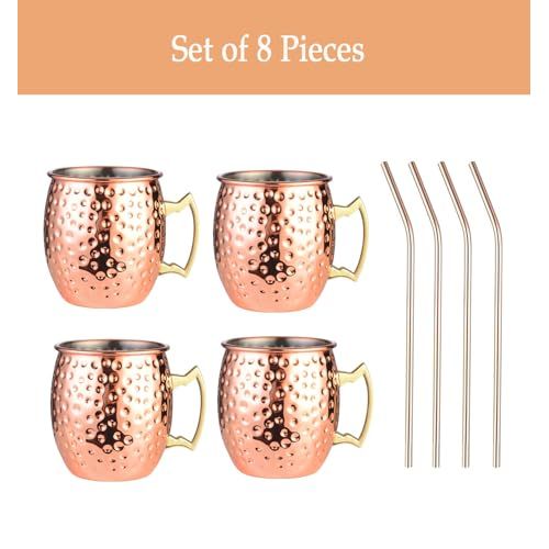 Tasses à cocktail Moscow Mule en cuivre, cadeau idéal pour amateurs de cocktails, design élégant, conserve boissons glacées, pailles écologiques incluses.