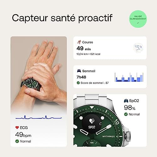 Montre intelligente Withings haut de gamme, élégante, surveille la santé cardiaque, résistante à l'eau, design inoxydable, cadeau idéal pour mode et bien-être.