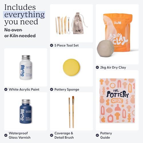 Argile pour loisirs créatifs. Kit d'initiation à la poterie, 2 kg d'argile autodurcissante, guide de poterie, outils de sculpture, peinture acrylique, vernis, pinceaux, éponge de potier.