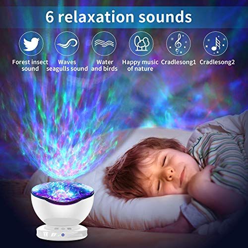 Projecteur LED simulateur d'ambiance océanique avec veilleuse et sons apaisants pour relaxation et sommeil des enfants.