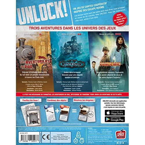 Unlock! escape game coopératif, idéal pour soirées entre amis, famille, amateurs d'énigmes; aventure en trois scénarios: Restart, Hollywood, Odyssée W.A.F.F.