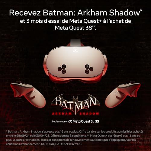 Casque de réalité virtuelle Meta Quest 3S Batman, immersion totale et ludique, parfait pour les passionnés de technologie et gamers.
