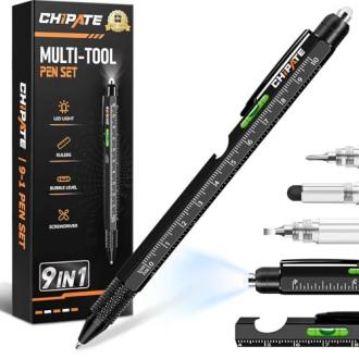 Stylo multifonctions 9 en 1 en aluminium avec lampe LED, règle, tournevis, niveau à bulle