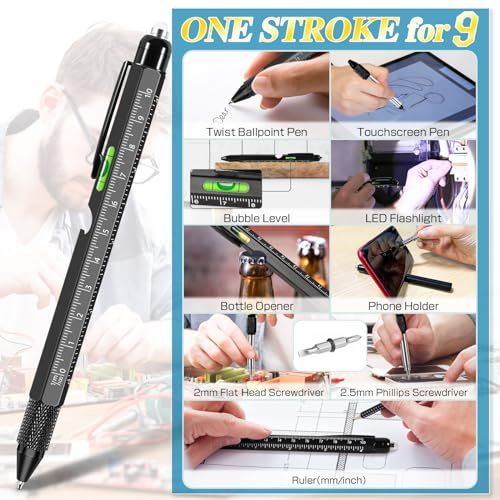 Stylo multifonctions 9 en 1 en aluminium avec lampe LED, règle, tournevis, niveau à bulle