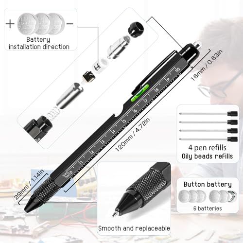 Stylo multifonctions 9 en 1 en aluminium avec lampe LED, règle, tournevis, niveau à bulle