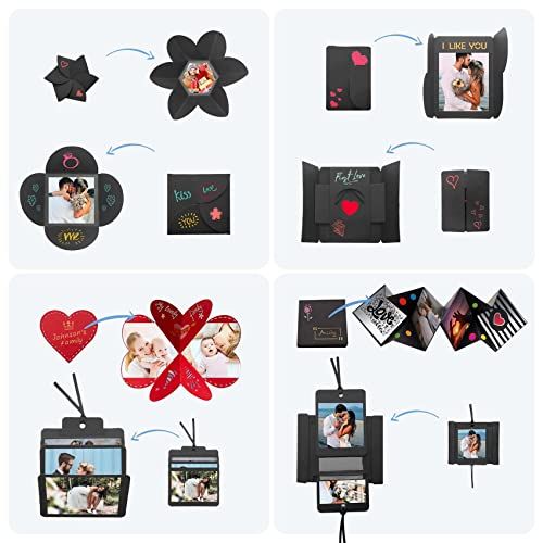 Boîte surprise scrapbooking photo ouverte révélant compartiments personnalisables et décorations.