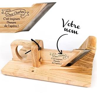 Guillotine à saucisson personnalisée, cadeau original pour apéro, lame en inox, poignée ergonomique, trancheuse conviviale et unique, idéale pour anniversaires et fêtes.