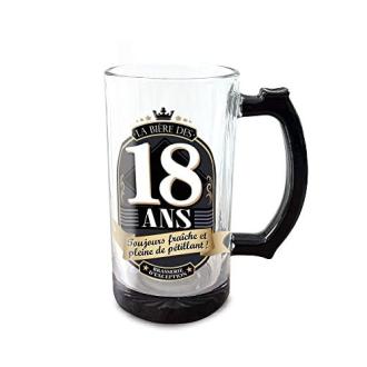 Chope à bière humoristique en verre 50 cl pour les 18 ans, cadeau fun et mémorable pour célébrer la majorité.