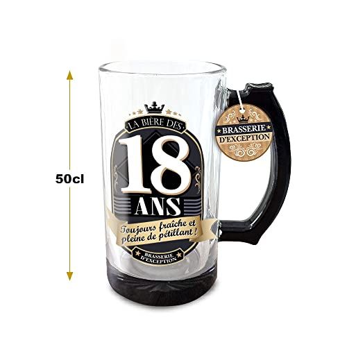Chope à bière humoristique en verre 50 cl pour les 18 ans, cadeau fun et mémorable pour célébrer la majorité.