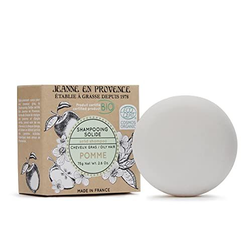 Shampoing solide bio Jeanne En Provence, parfum pomme acidulée, soin cheveux gras, écologique, certifié COSMOS Organic, idée cadeau naturelle et durable.