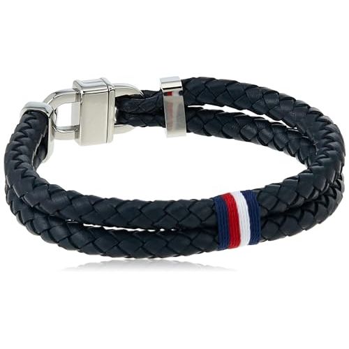 Bracelet cuir bleu marine double-tour Tommy Hilfiger pour homme avec fermoir acier inoxydable et drapeau emblématique.