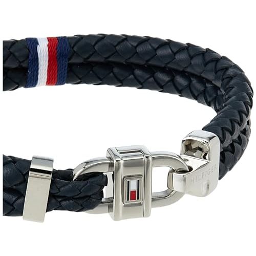 Bracelet cuir bleu marine double-tour Tommy Hilfiger pour homme avec fermoir acier inoxydable et drapeau emblématique.