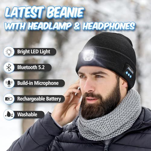Bonnet connecté Bluetooth avec lampe LED, idéal pour écouter de la musique et prendre des appels en plein air. Cadeau technologique et pratique pour l'hiver.