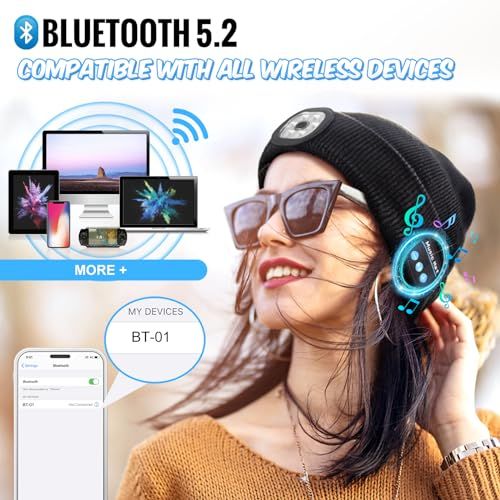 Bonnet connecté Bluetooth avec lampe LED, idéal pour écouter de la musique et prendre des appels en plein air. Cadeau technologique et pratique pour l'hiver.