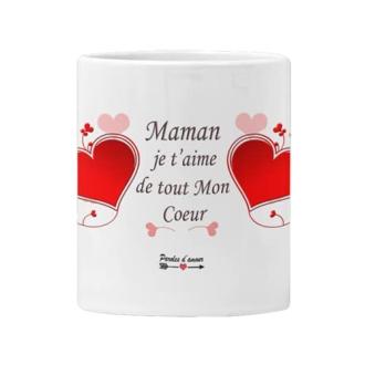 Mug en céramique avec coeurs roses et message Maman je t'aime de tout mon coeur.