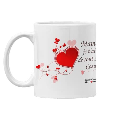 Mug en céramique avec coeurs roses et message Maman je t'aime de tout mon coeur.