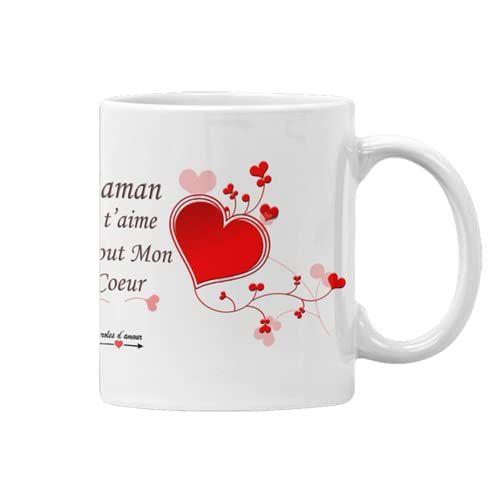 Mug en céramique avec coeurs roses et message Maman je t'aime de tout mon coeur.