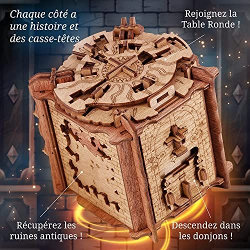 Puzzle Escape Room Cluebox Camelot, casse-tête en bois artisanaux, jeu immersif, expérience chevalerie et légende.