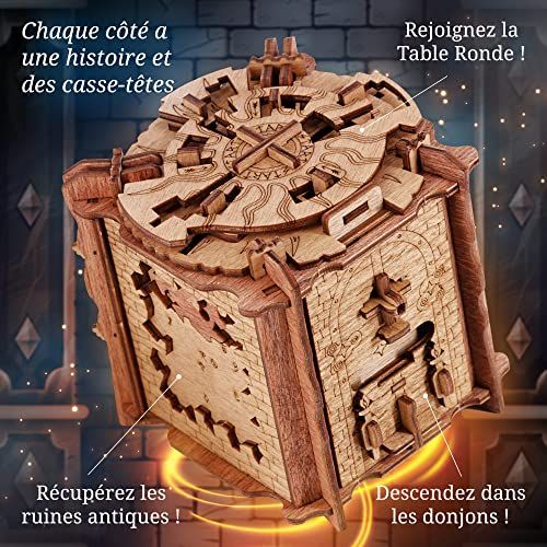 Puzzle Escape Room Cluebox Camelot, casse-tête en bois artisanaux, jeu immersif, expérience chevalerie et légende.