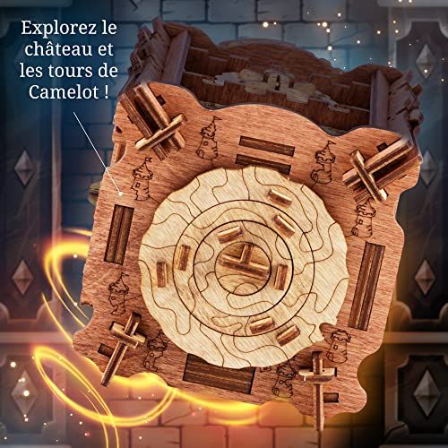 Puzzle Escape Room Cluebox Camelot, casse-tête en bois artisanaux, jeu immersif, expérience chevalerie et légende.