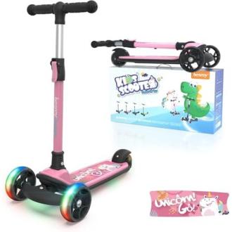 Trottinette 3 roues pour enfant, guidon réglable, roues LED, idéale cadeau anniversaire ou Noël, développement équilibre, pliable pour transport facile.