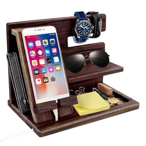 Organisateur de bureau en bois massif avec station de charge intégrée, design compact élégant, idéal pour un espace de travail ordonné et esthétique.