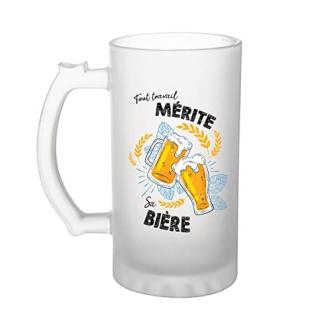 Chope à bière humoristique en verre givré avec inscription amusante