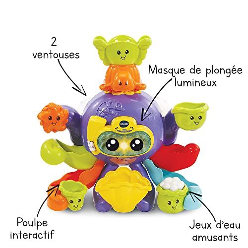 Jouet de bain interactif Mon Poulpe Rigolo avec mélodies et effets lumineux, idéal pour enfants 1-3 ans. Tentacules colorées et ventouse sécurisée.