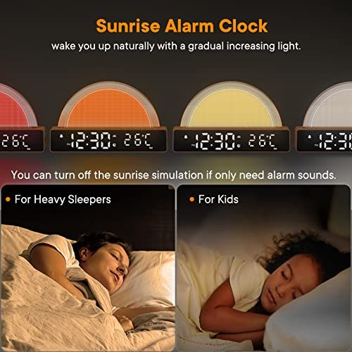 Réveil lumineux simulant l'aube avec veilleuse multicolore et alarmes personnalisables pour un éveil naturel.