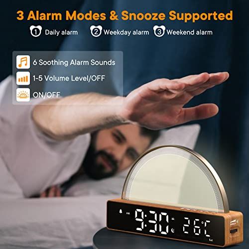 Réveil lumineux simulant l'aube avec veilleuse multicolore et alarmes personnalisables pour un éveil naturel.