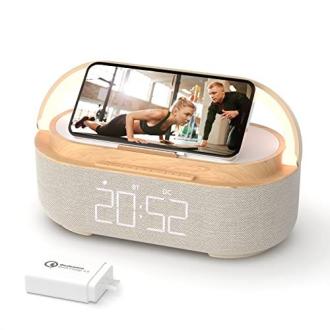 Radio-réveil digital élégant avec chargeur sans fil et fonctions Bluetooth, FM et lampe de nuit.